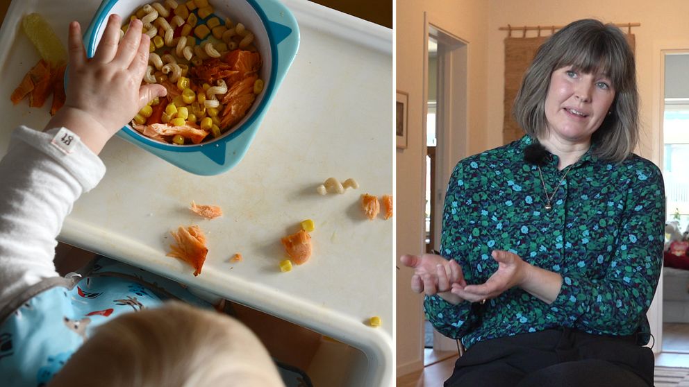 Tvådelad bild. Vänster: Barn äter mat. Höger: Person gestikulerar inomhus.