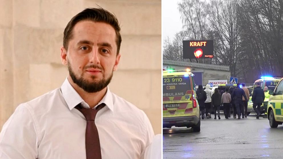 Till vänster syns en man i vit skjorta och mörk slips. Till höger visas en olycksplats med ambulanser, polisbilar och en skylt med texten ”KRAFT” och ett hjärta, där människor har samlats.