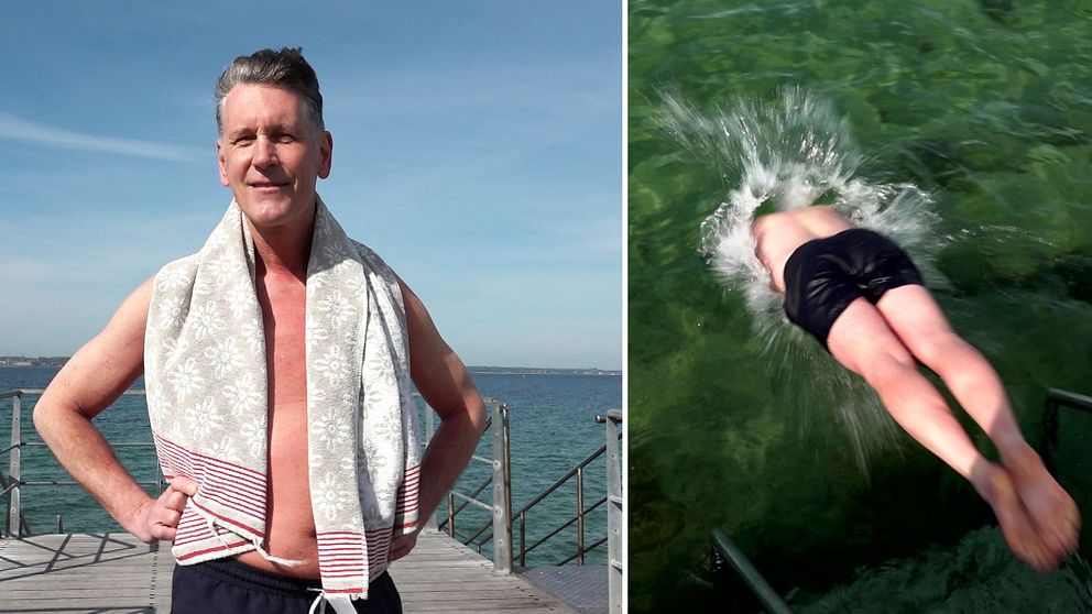Delad bild. Till vänster: man med handduk på brygga. Till höger: person hoppar i vattnet.