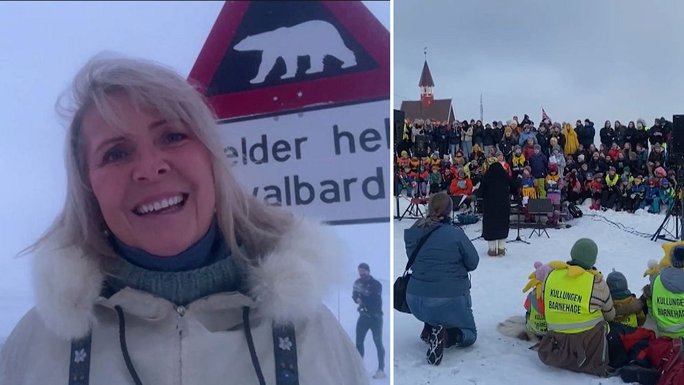 Anna-Lena Ekeblad står vid en skylt med en isbjörn på.