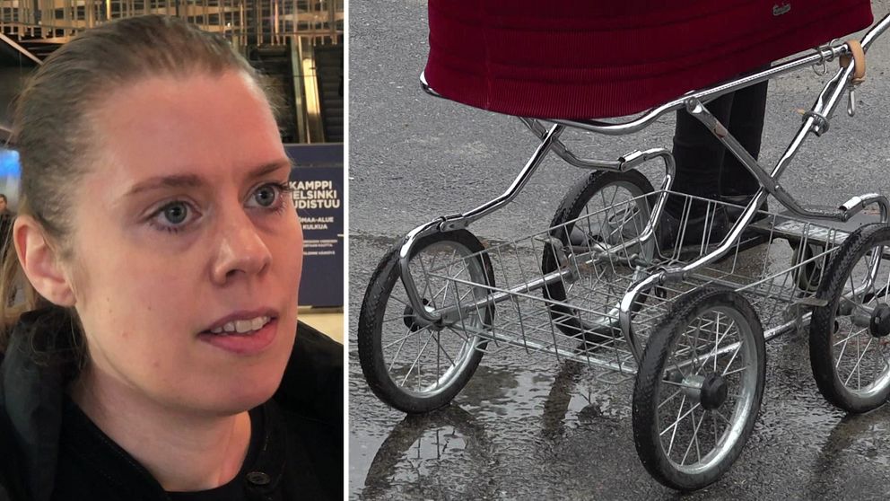 En kvinna till vänster av bilden och barnvagn till höger