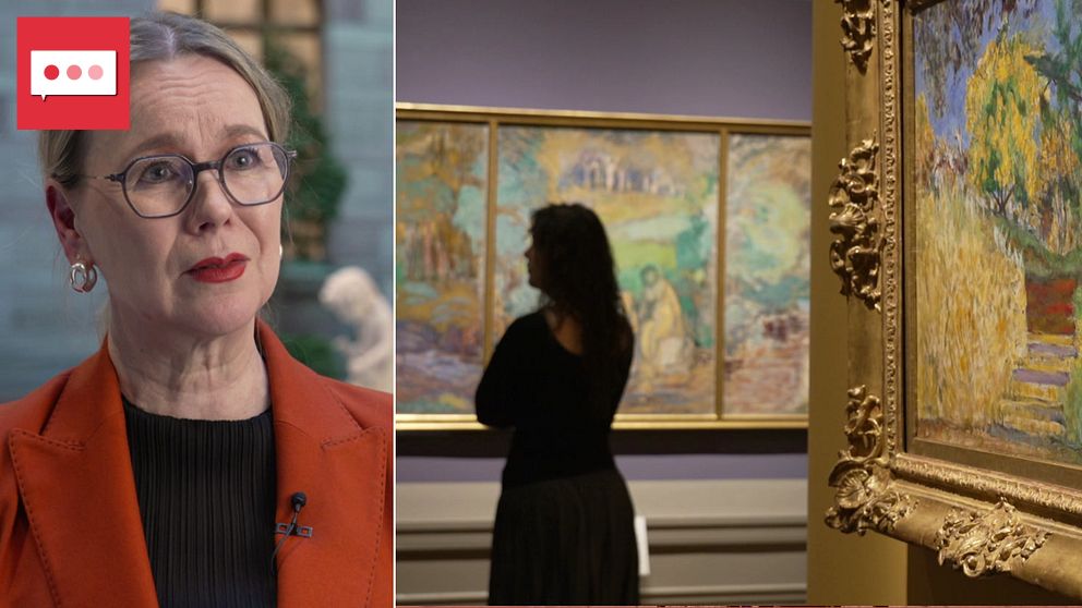 Vasemmalla dosentti Susanna Pettersson. Oikealla kuva Kansallismuseon (Nationalmuseum) taidenäyttelystä, jossa on esillä ranskalaisen Pierre Bonnardin sekä hänen inspiroimiensa pohjoismaisten taiteilijoiden teoksia.