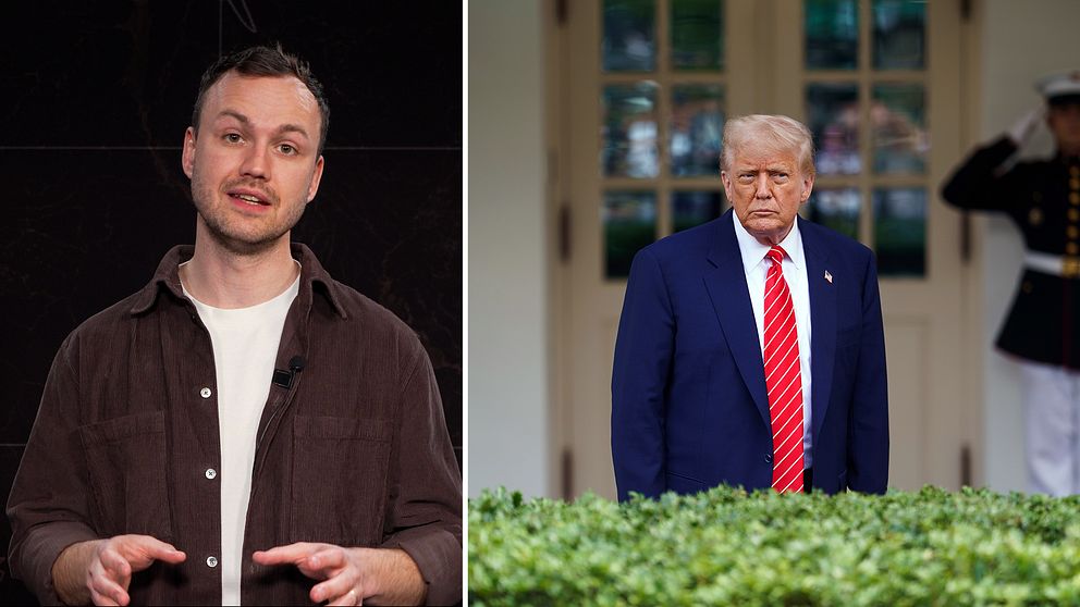 Delad bild. Till vänster: person i mörk skjorta. Till höger: Donald Trump i kostym och röd slips utomhus.