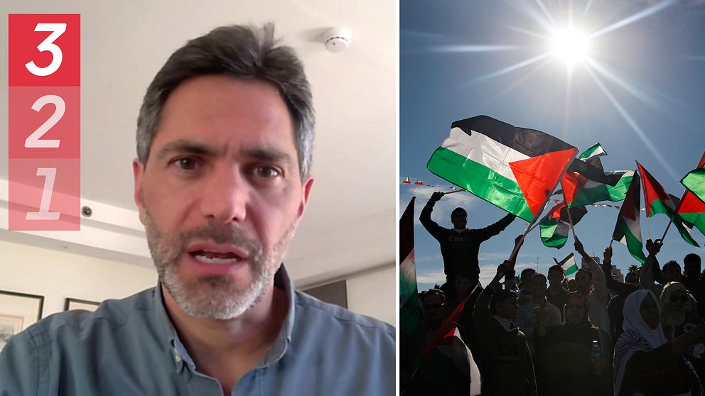 samir abu eid till vänster, palestinska flaggor till höger