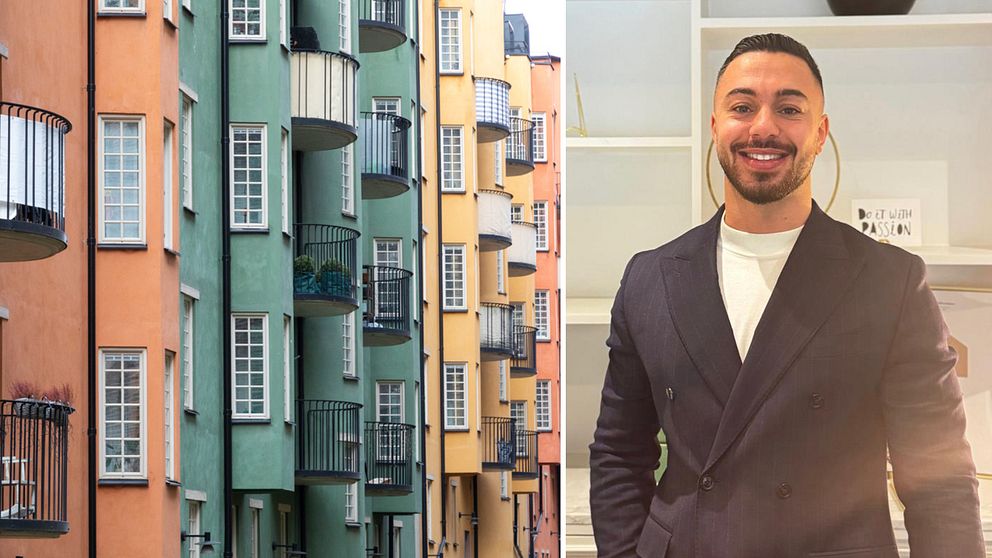 Tvådelad bild. Vänster: färgglada husfasader. Höger: en man i kostym står inomhus.