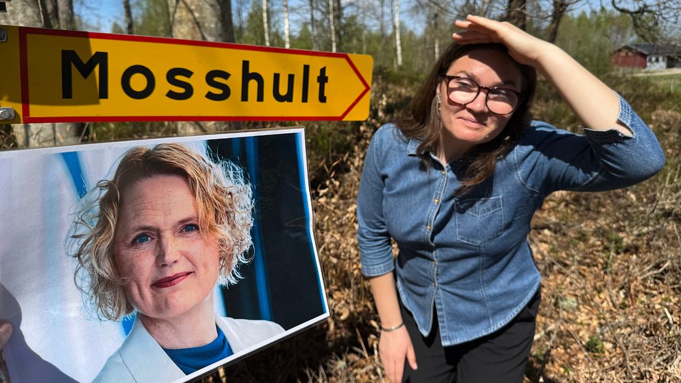 Tvådelad bild: skylt med texten ”Mosshult”, person utomhus och ett porträttfoto på skylt.