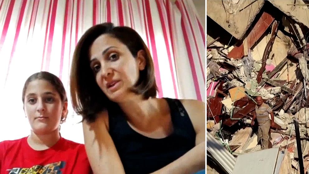 En delad bild som visar två sektioner. Den vänstra sektionen är en inomhusmiljö med två personer som sitter framför en fönster med ränder i bakgrunden. Den högra sektionen visar en förstörd byggnad med skräp och rivna material på marken, samt en person som står bland resterna.