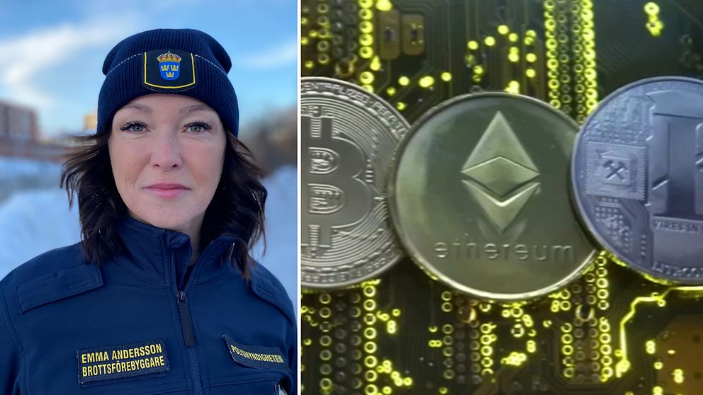 Delad bild. Till vänster, en person – en kvinnlig polis – klädd i blå uniform med texten ”Brottsförebyggare” synlig. Till höger, närbild av tre kryptovaluta-mynt, där Bitcoin, Ethereum och ett tredje mynt visas mot en bakgrund av digitala kretsar.