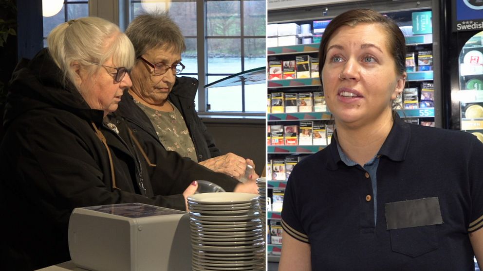 Till vänster: två tanter vid salladsbuffé. Till höger: Butiksbiträde på Rasta.