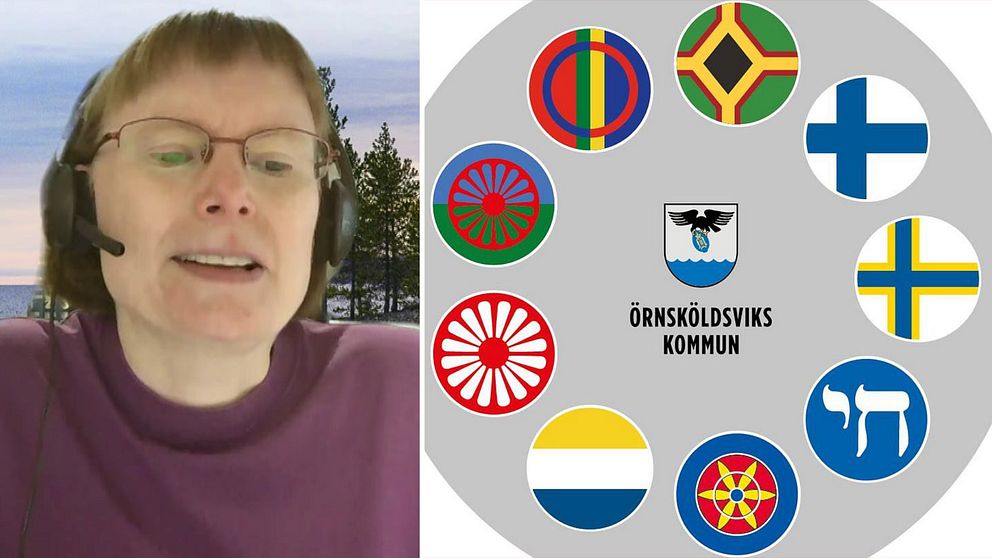 Delad bild. Till vänster person med headset. Till höger: Örnsköldsviks kommuns logotyp och symboler för nationella minoritetsspråk