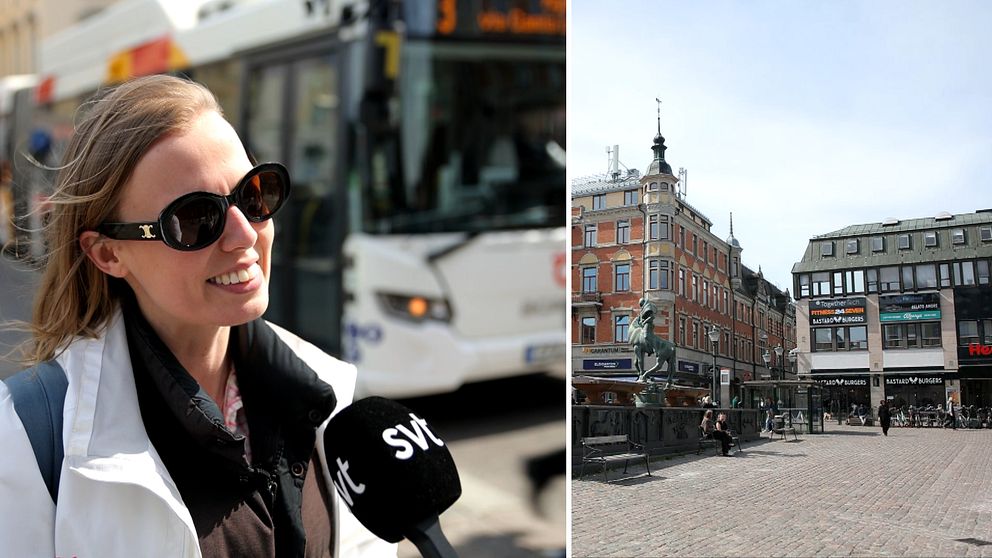 Delad bild. Till vänster: Person som intervjuas av SVT. Till höger: Torg med byggnader.