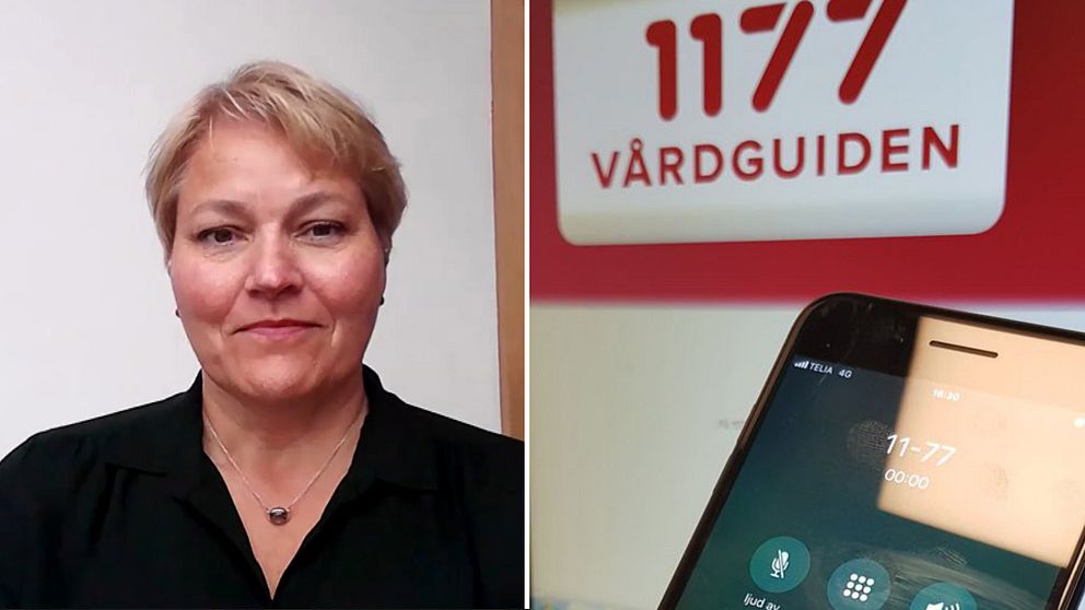 Anna Pohjanen till vänster, förvaltningschef för Ambulans, Diagnostik och hälsa. Till höger, en bild på en telefon och 1177 vårdguiden