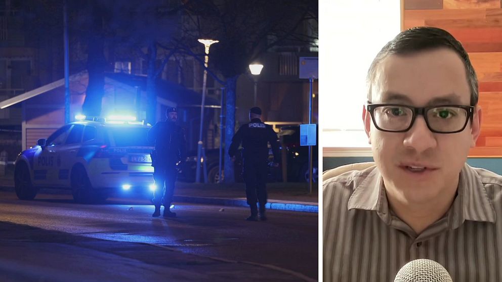 Splitbild, till vänster: Poliser som står vid en polisbil med blåljusen på. Till höger: Amerikanska forskaren Eric Piza.