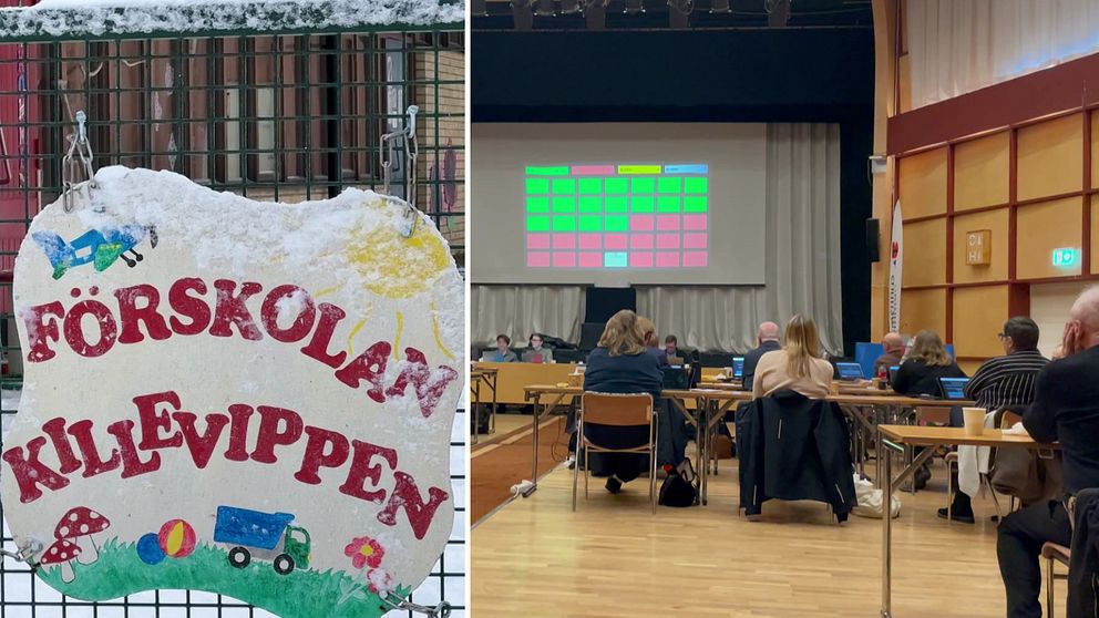 Delad bild. Vänster: skylt för förskolan Killevippen. Höger: möte med människor och stor skärm.