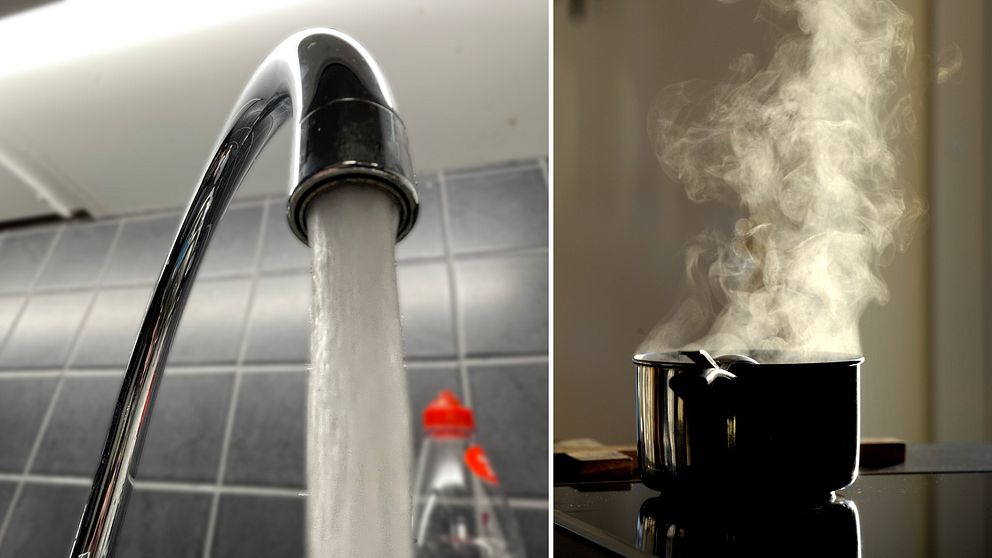 Första sektionen visar en glänsande kökskran med rinnande vatten, och andra sektionen visar en kastrull som kokar med ånga som stiger upp, vilket indikerar att vattnet inuti värms upp.