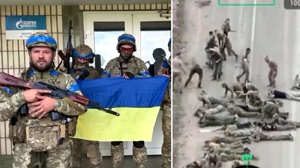 Ukrainska soldater, ryska soldater ligger på en väg