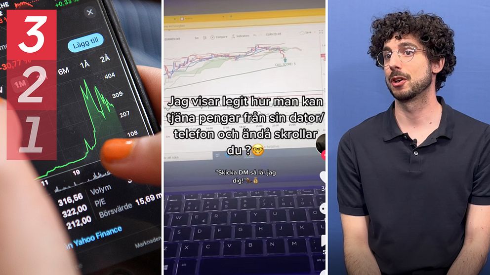 Längst till vänster: närbild på börshandel i mobilen, i mitten, en skärmdump från tips på Tiktok, till höger: ekonomijournalisten Gunnar Harrius