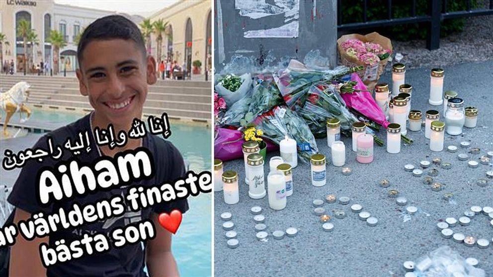 Tvådelad bild. Vänster: minnestext till Aiham. Höger: blommor och ljus på minnesplats utomhus.