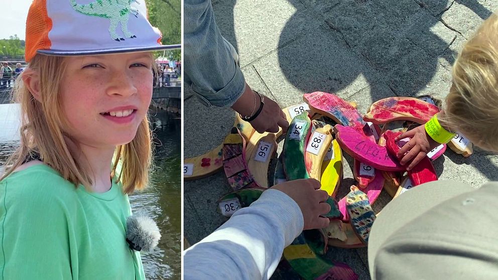 Flicka med keps och barn som sträcker sig efter träkorvar