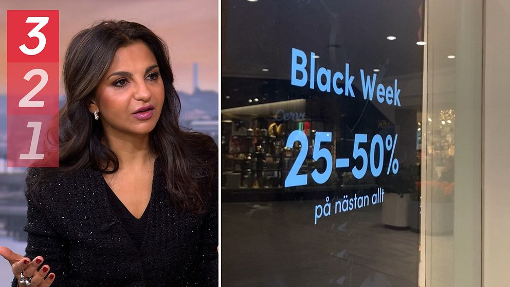 Sparekonomen Shoka Åhrman och en bild med texten ”Black Week”