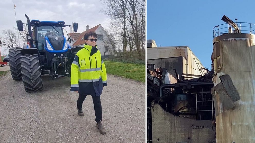 Kvinna i varselkläder går framför en traktor. Till höger: bild från sockerbruket i Örtofta efter explosion.