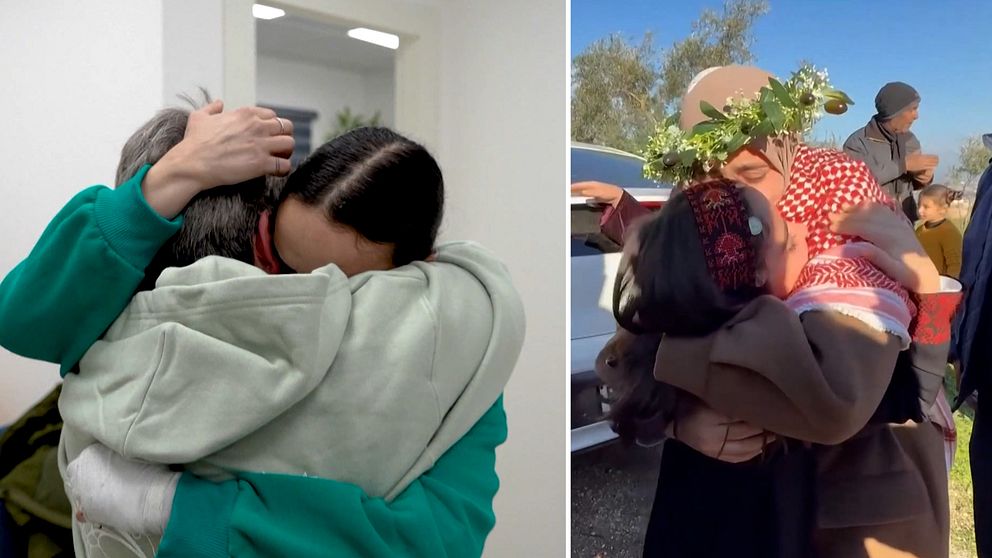 Känslomässiga scener när de tre första frisläppta kvinnorna ur israeliska gisslan i söndags återsåg sina familjer.