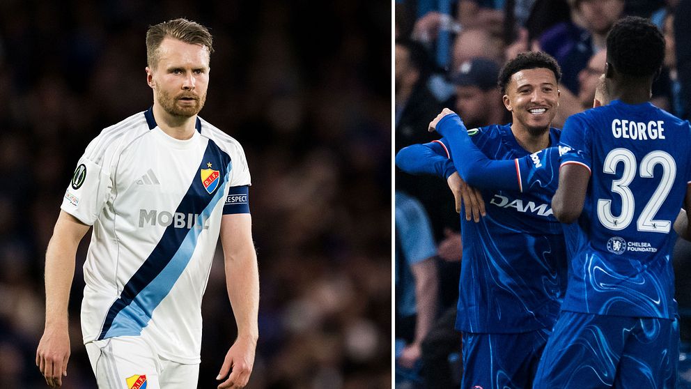 Delad bild. Till vänster: Djurgårdens spelare på planen. Till höger: Blåklädda spelare firar.