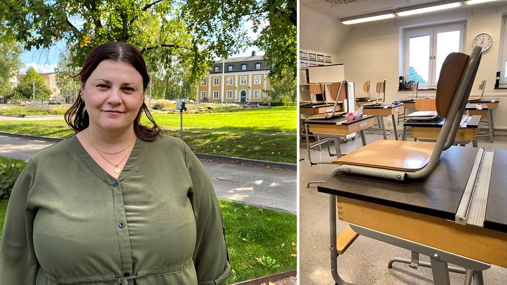 Delad bild med Avestas kommunalråd Blerta Krenzi (S) framför kommunhuset till vänster och en bild på ett klassrum till höger.