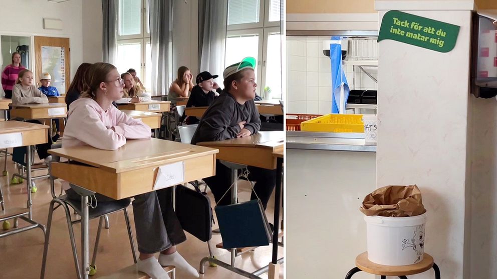 Till vänster elever i ett klassrum i Arvika som sitter vid sina skrivbord, med fokus på deras uppmärksamhet. Till höger syns en skylt i en skolmatsal som tackar för att man inte matar en papperskorg – en del av arbetet med att minska matsvinn i kommunen.