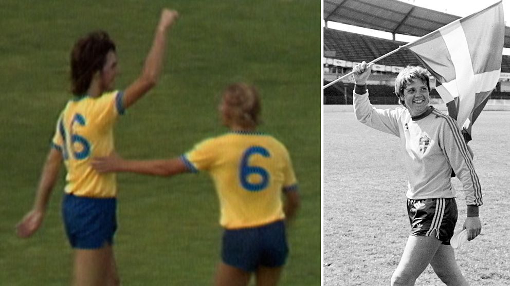 Ralf Edström firar ett mål. Pia Sundhage med en svensk flagga.