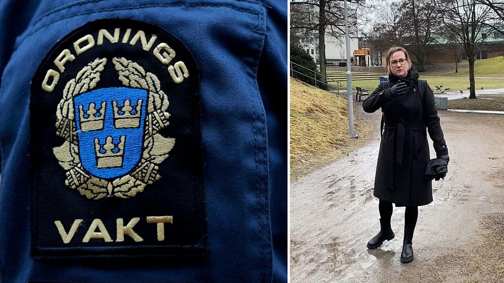 Ordningsvakts-logga. Kvinna på promandstig.
