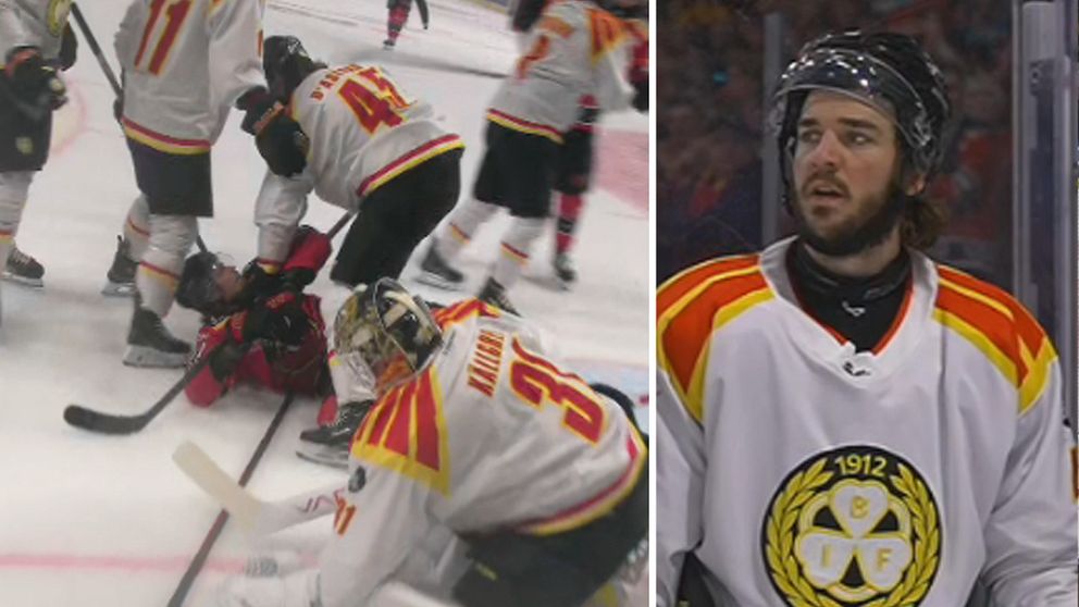 Delad bild. Vänster: ishockeyspelare vid nedfallen spelare. Höger: spelare i vit tröja med gul logotyp.