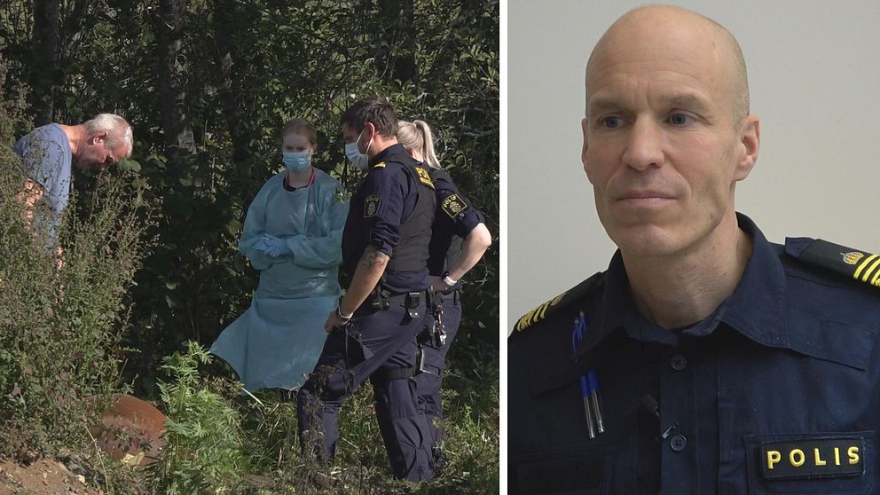 Till vänster: människor i skogsdunge tittar på döda ponnyn på Alnön. Till höger: manlig polis.