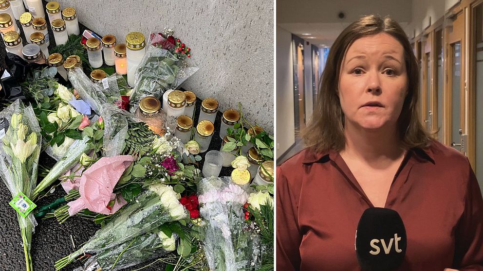Till vänster syns en minnesplats med blommor och tända ljus, som hedrar en avliden person. Till höger står en reporter i en korridor med ett mikrofoninspelning från en nyhetskanal.