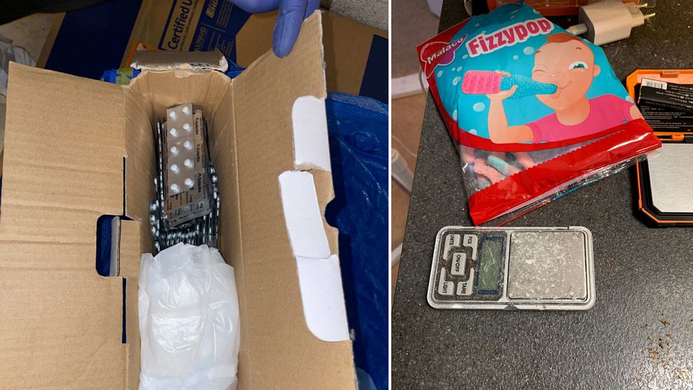 Narkotikaklassade tabletter i en kartong samt en köksbänk med en våg som har vitt pulver på sig och en godispåse intill
