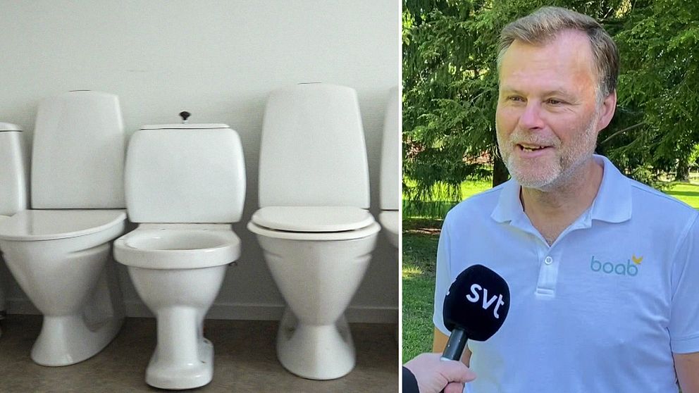 Vänster:  Thomas Hjelmqvist, VD för Hällefors bostadsbolag, Boab. Höger: Tre toalettstolar och en hög med rör i ett kalt rum