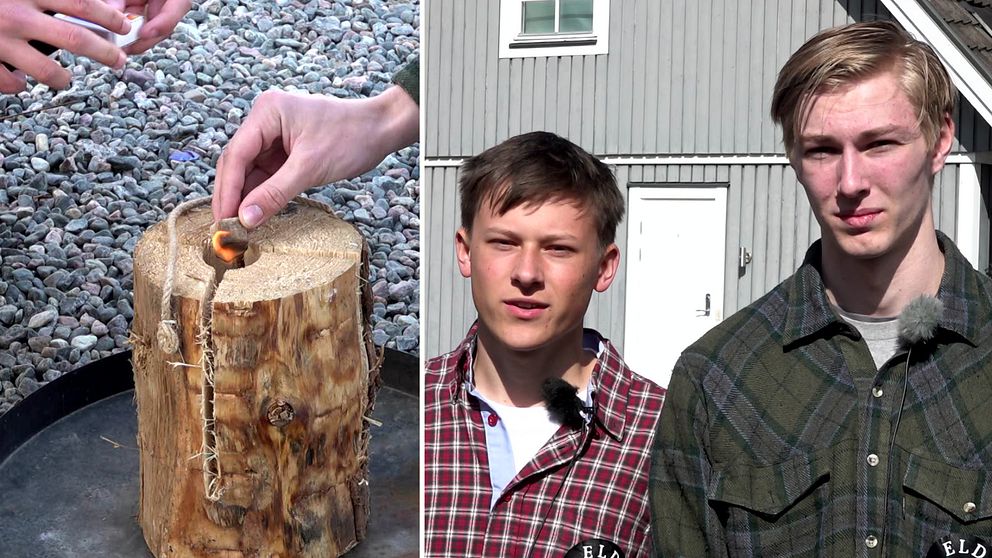 Tvådelad bild. Vänster: hand tänder eld på vedstubbe. Höger: två personer står framför hus.