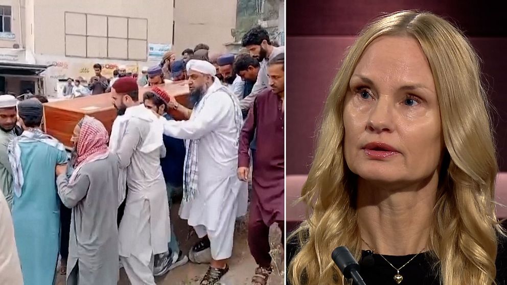 Delad bild. Till vänster: personer bär en kista. Till höger: Malin Mendel