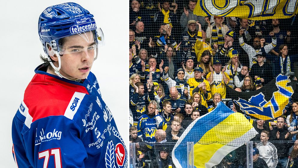 Oskarshamns spelare Viktor Lodin och HV71-supportrar