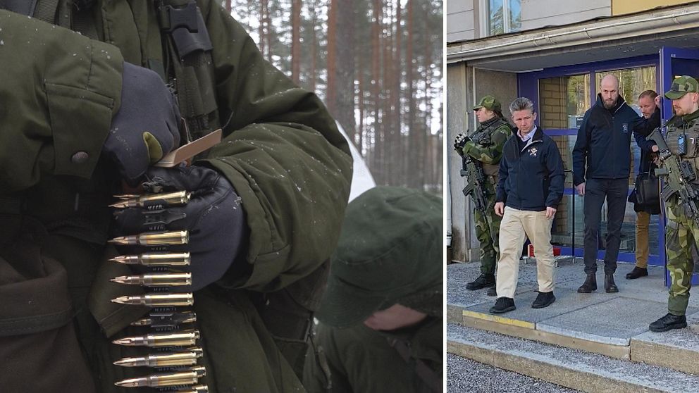 Två bilder, den ena på ammunition i händerna på militär, den andra: försvarsministern och ministern för civilt försvar går ut genom dörr
