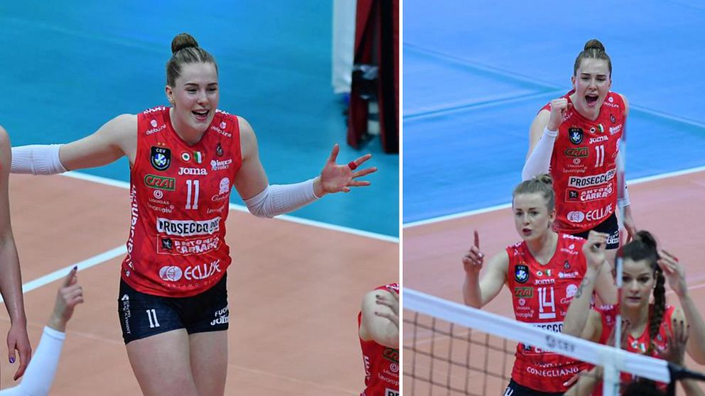 Delad bild. Vänster: volleybollspelare i röd tröja gestikulerar. Höger: spelare firar vid nätet.