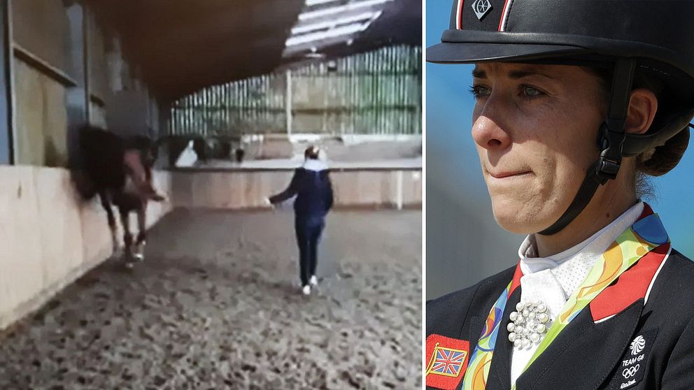 En person leder en häst inuti en ridbana med sandgolv. Den andra delen av bilden visar en person i en ridsportdräkt med en accessoar, som deltar i en officiell aktivitet, troligtvis en tävling. Båda sektionerna visar interaktion mellan människa och häst samt fokus på ridsport.