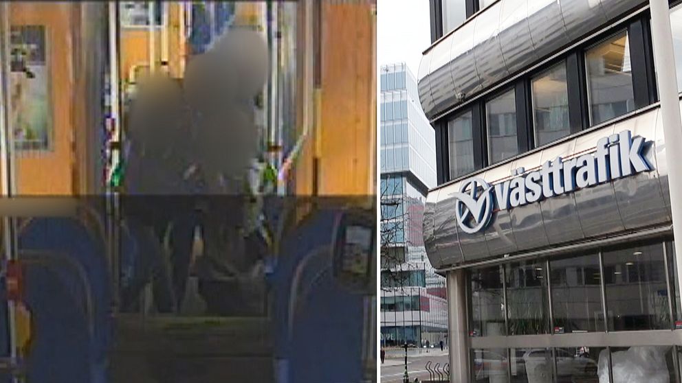 Till vänster: övervakningsfilm från spårvagn, människor med maskerade ansikten. Till höger: Västtrafiks skylt på huvudkontoret i Göteborg.