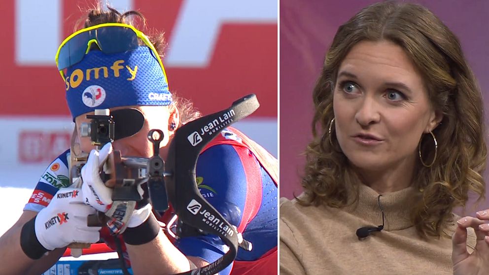 Tvådelad bild. Vänster: Skidskytt siktar. Höger: Person i beige tröja talar.
