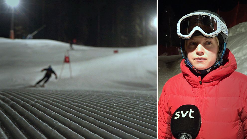 Liselott Ljunggren Andersson står med skidhjälm i en Litsbacken.