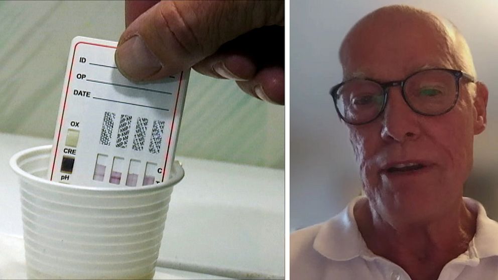 En delad bild som visar två sektioner. I den vänstra sektionen hålls en testremsa över en plastmugg med prover, det är ett drogtest. Den högra sektionen visar forskaren Ulric Hermansson i vit piké.