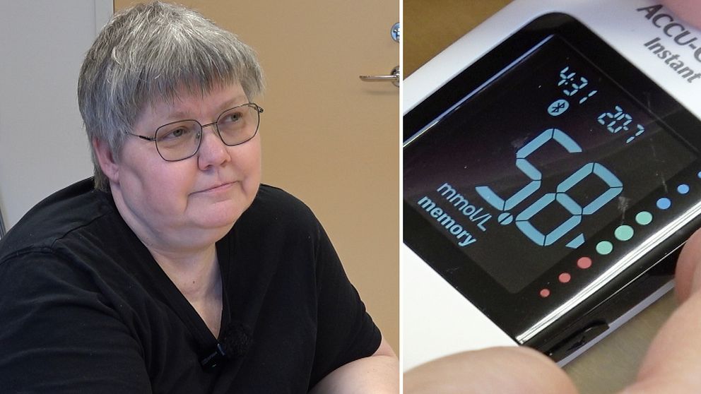 Delad bild. Till vänster: person i svart tröja. Till höger: diabetesmaskin