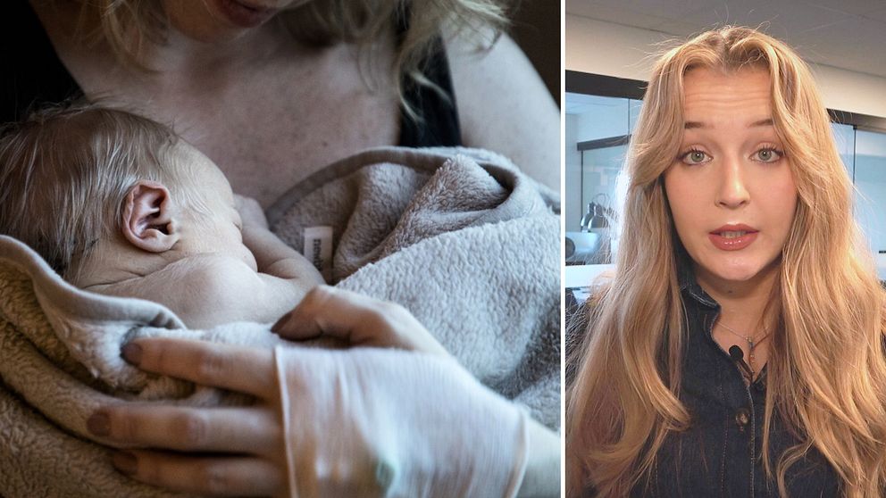 Halva bilden föreställer en kvinna som håller ett spädbarn i famnen. Den andra sidan föreställer bild på kvinnlig reporter.