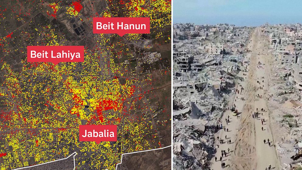 Kartan till vänster visar en detaljerad översikt över områdena Beit Hanun, Beit Lahiya och Jabalia, med färgkodning som indikerar befolkningsdensitet eller skador. Till höger visas en luftig vy av ett förstört stadsområde med en bred gata samt människor som rör sig på denna ödelagda plats.