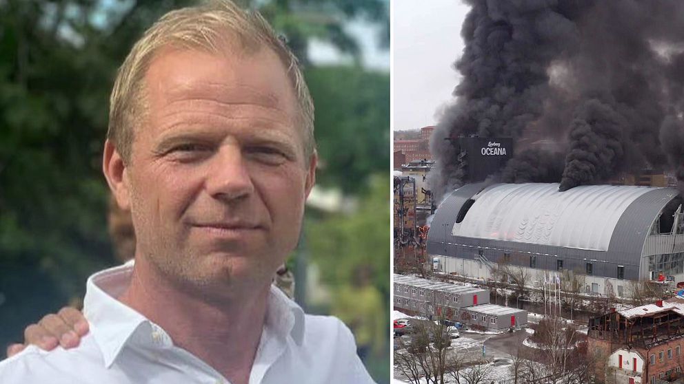 Delad bild. Till vänster: person i vit skjorta. Till höger: brinnande byggnad med svart rök.